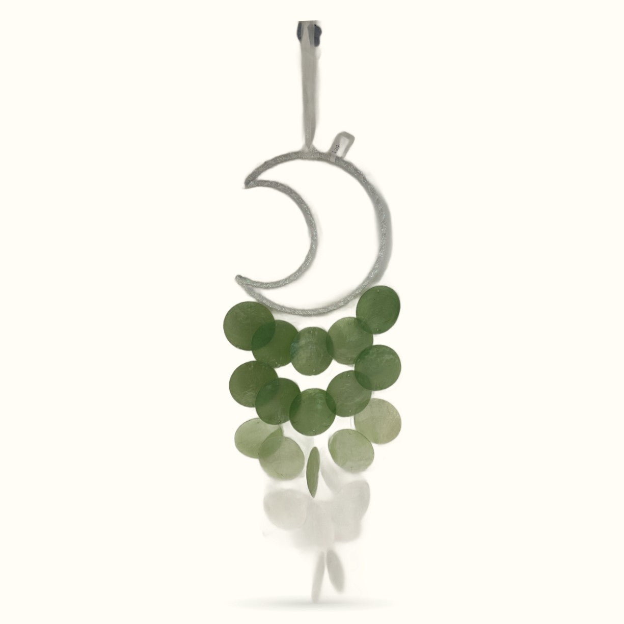 Green dream catcher moon wind chime with natural shell beads and hanging cord