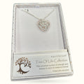 Silver Tree of Life heart pendant necklace in white gift box with Equilibrium branding