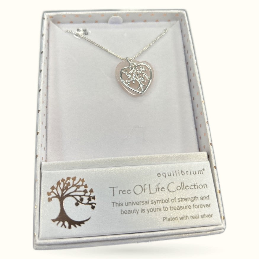 Silver Tree of Life heart pendant necklace in white gift box with Equilibrium branding