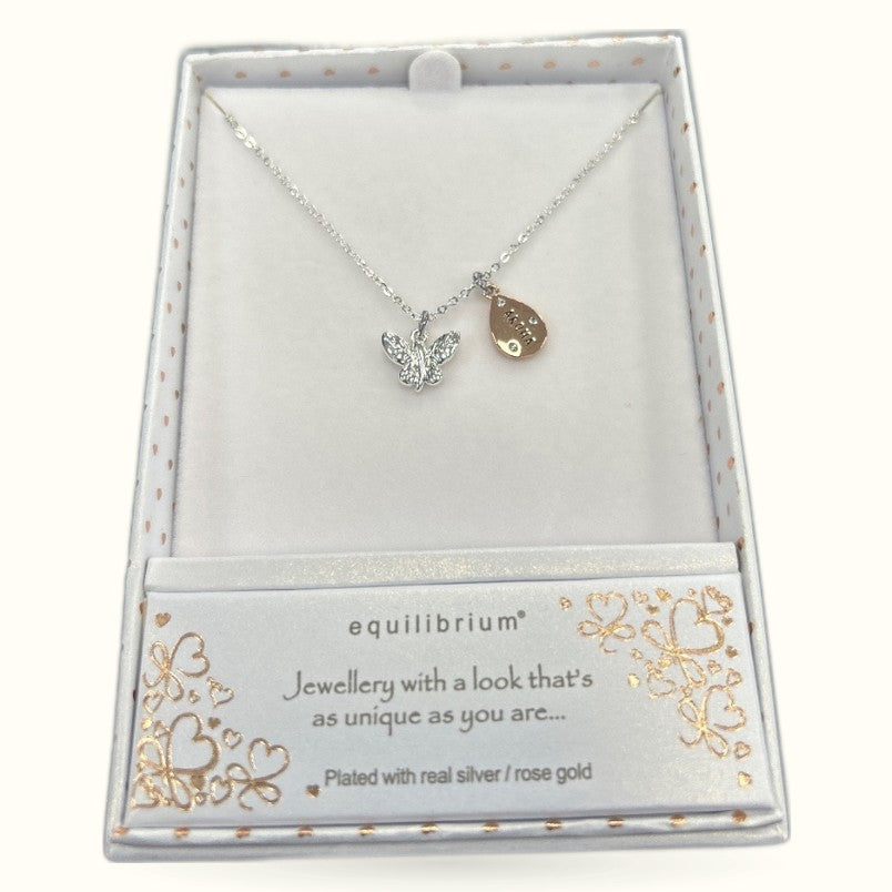Silver butterfly necklace with rose gold teardrop charm in Equilibrium branded gift box