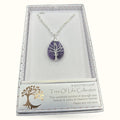 Silver tree of life necklace with purple amethyst teardrop stone in gift box