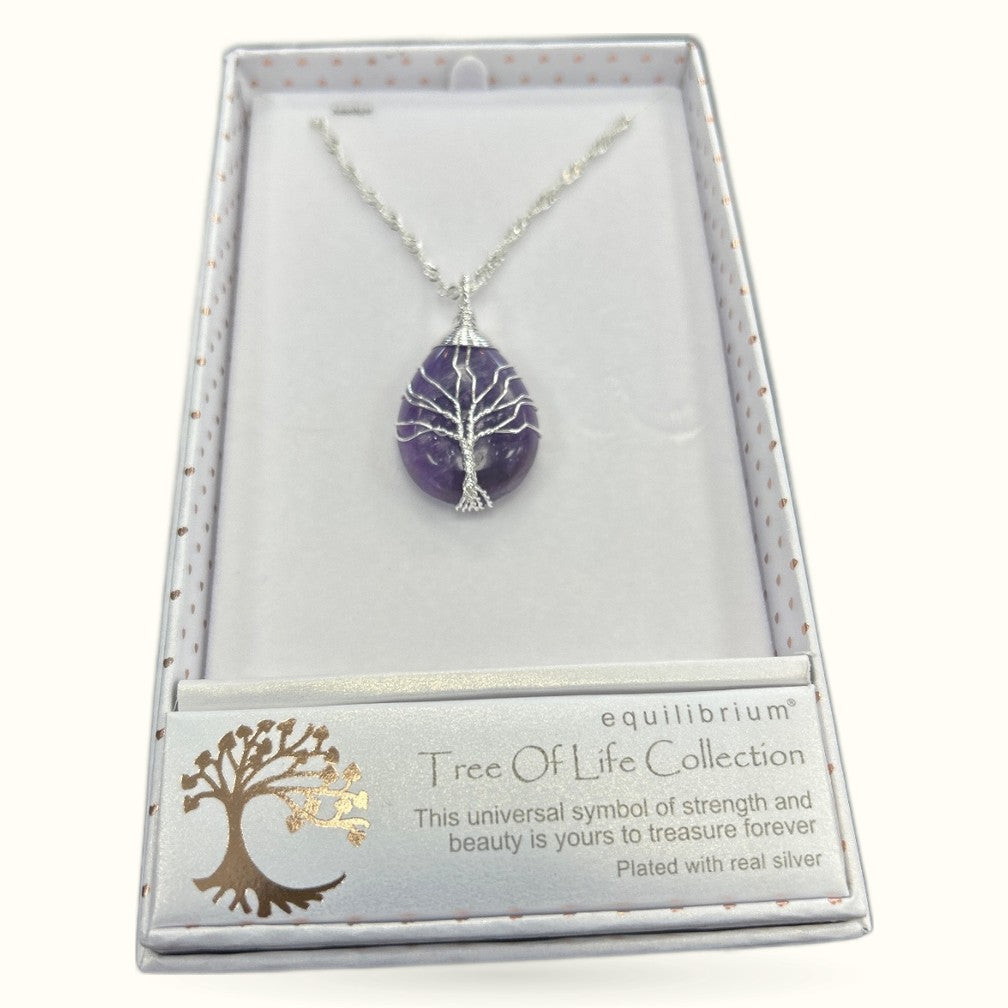 Silver tree of life necklace with purple amethyst teardrop stone in gift box