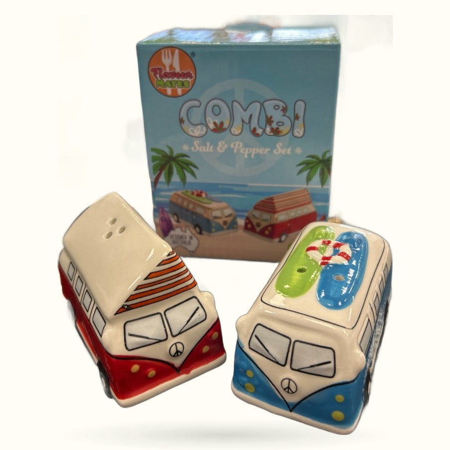 Combi Van salt and pepper shaker set with red and blue retro campervan designs and matching box