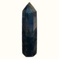 Polished labradorite point crystal with dark base and pointed tip, displaying blue iridescence