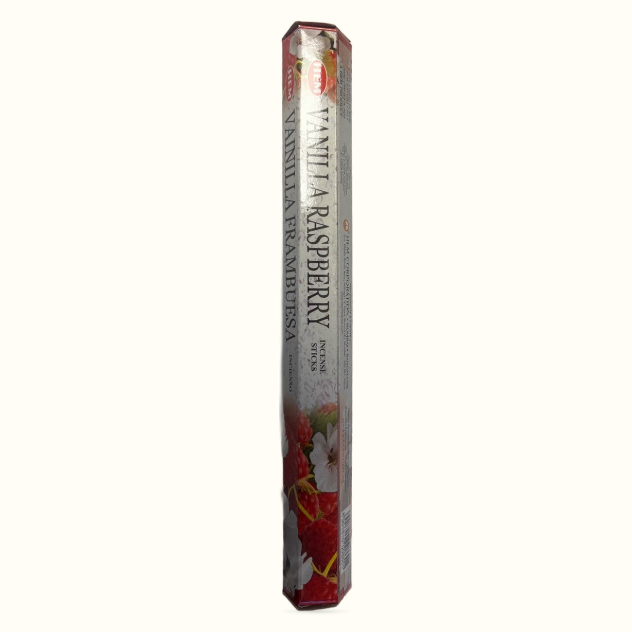 Vanilla Raspberry HEM incense stick box with burgundy and cream packaging design
