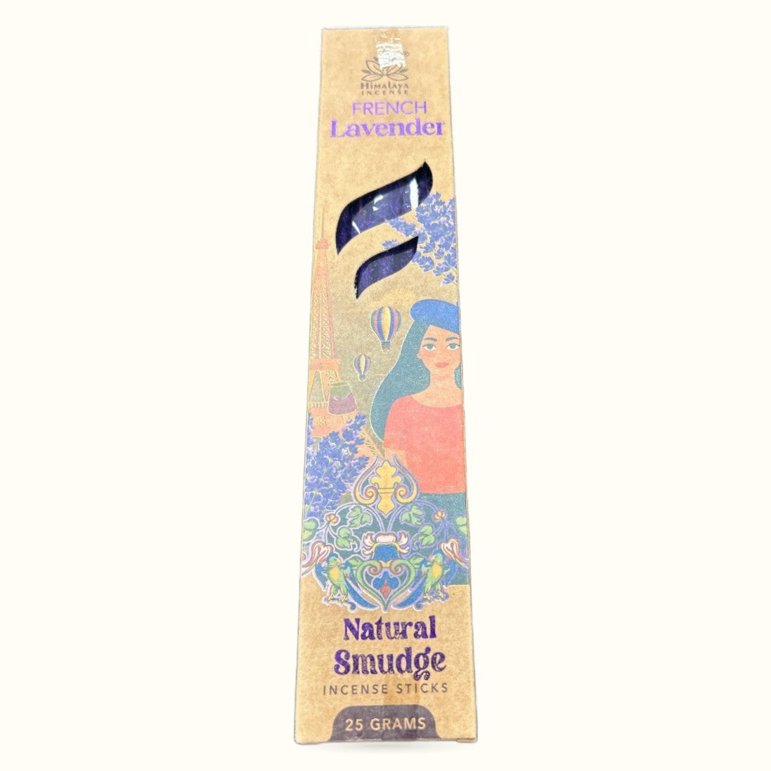 Himalaya Incense French Lavender Natural Smudge Incense Sticks box, 25 grams, with decorative artwork