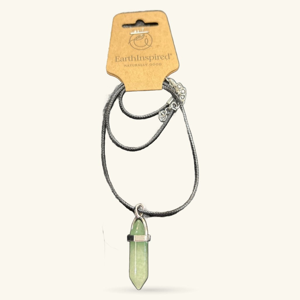 Green aventurine point pendant on grey cord necklace with silver spacer beads and metal cap
