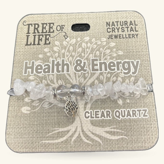 Clear quartz chip bracelet with tree of life charm on Tree of Life branded packaging card