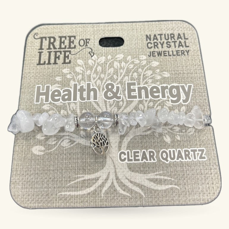 Clear quartz chip bracelet with tree of life charm on Tree of Life Natural Crystal Jewellery packaging