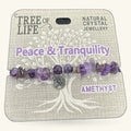Purple amethyst chip bracelet with tree of life charm on Tree of Life Natural Crystal Jewellery packaging