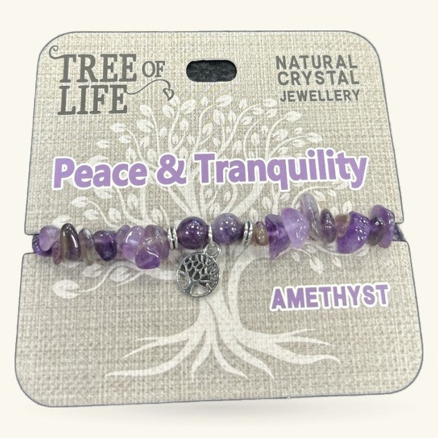 Purple amethyst chip bracelet with tree of life charm on Tree of Life Natural Crystal Jewellery packaging