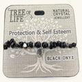 Black Onyx beaded bracelet with silver tree charm on Tree of Life branded packaging card