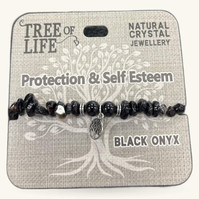 Black Onyx beaded bracelet with silver tree charm on Tree of Life branded packaging card