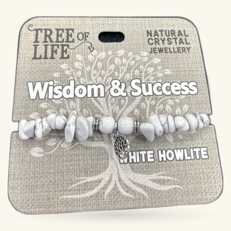 White Howlite chip bracelet with silver Tree of Life charm on branded packaging