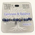 Sodalite chip bracelet with silver tree of life charm on Tree of Life branded packaging