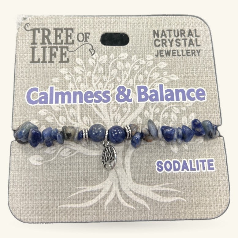 Sodalite chip bracelet with silver tree of life charm on Tree of Life branded packaging