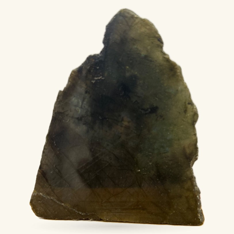 Dark polished labradorite stone specimen, roughly triangular shape, 160g weight