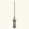 Silver-capped aquamarine glass crystal pendulum with metal chain and lobster clasp
