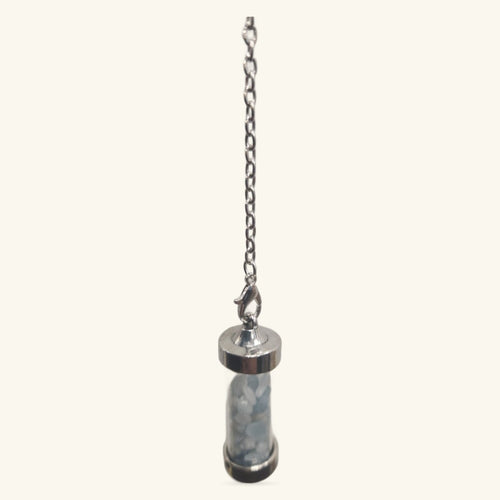 Silver-capped aquamarine glass crystal pendulum with metal chain and lobster clasp