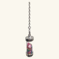 Silver chain pendulum with glass vial filled with pink, green, and brown tumbled stones
