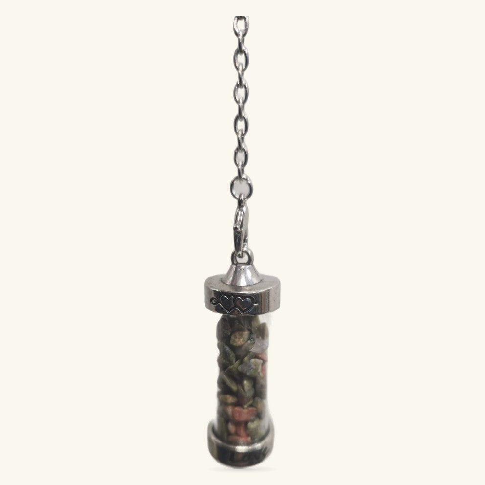 Unakite Love Glass Crystal Filled Pendulum with silver metal cap and chain