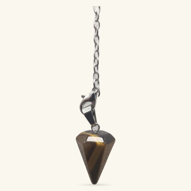 Mini Tigers Eye Point Pendulum with polished brown stone on silver chain and clasp