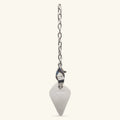 Clear quartz point pendulum with metal lobster clasp attached to fine silver chain