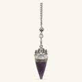 Amethyst Lotus Pendulum with silver chain and decorative lotus flower cap on dark purple stone point