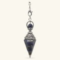 Lapis Lazuli crystal pendulum with ornate silver filigree cap and chain