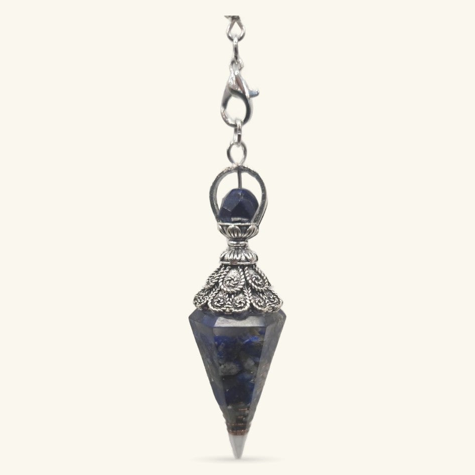 Lapis Lazuli crystal pendulum with ornate silver filigree cap and chain
