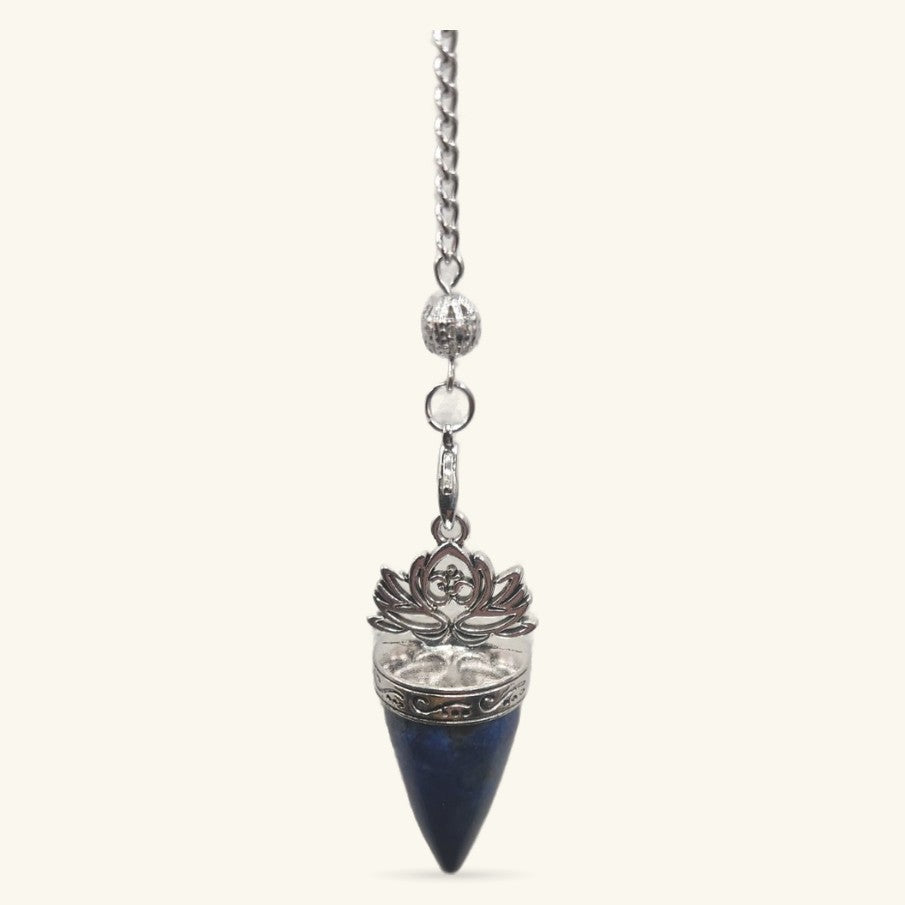 Lapis Lazuli Lotus Pendulum with silver metal lotus cap and chain on white background