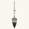 Lapis Lazuli Lotus Pendulum with silver metal lotus cap and chain on white background