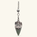 Green aventurine stone pendulum with silver lotus cap and chain, featuring a textured sphere bead accent