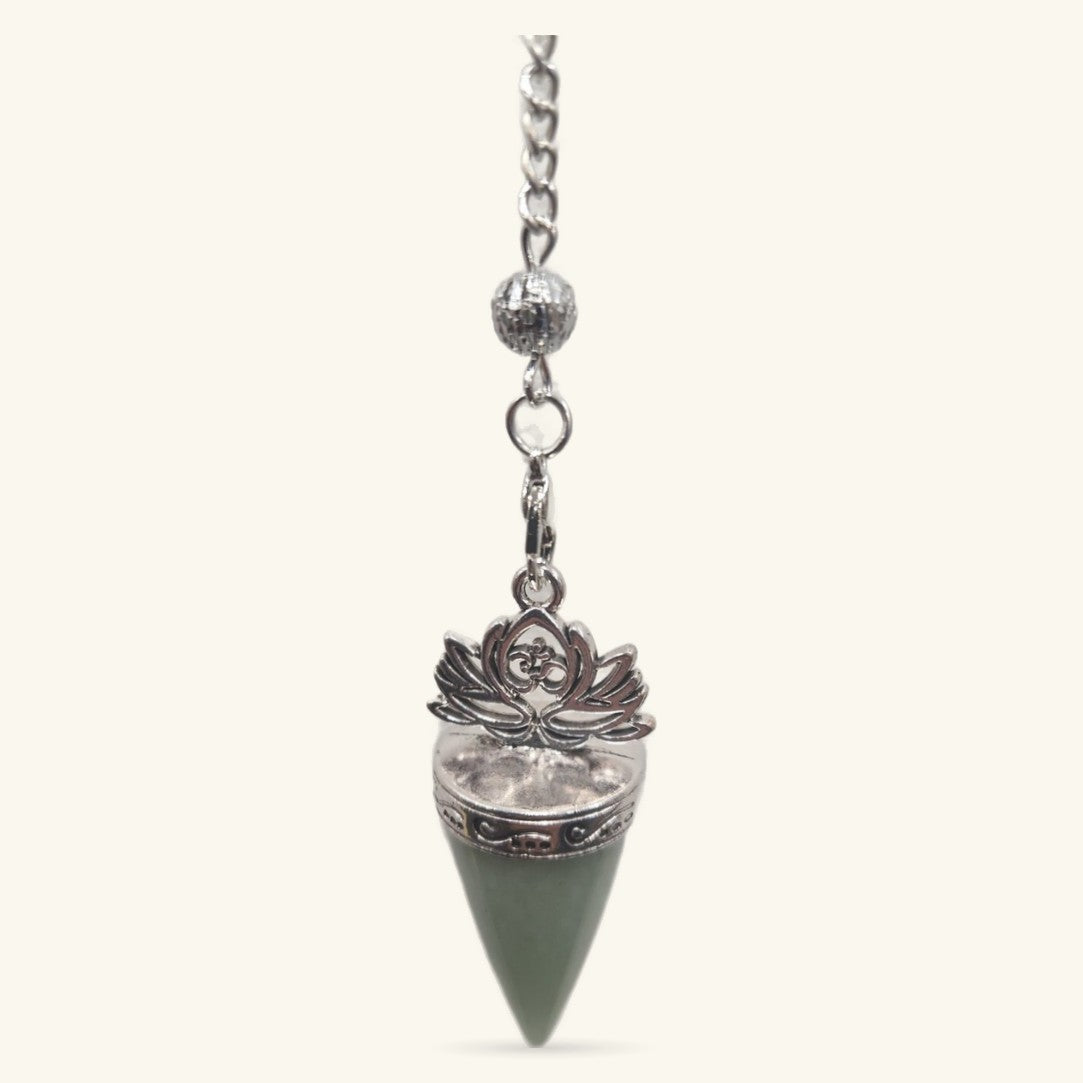 Green aventurine stone pendulum with silver lotus cap and chain, featuring a textured sphere bead accent