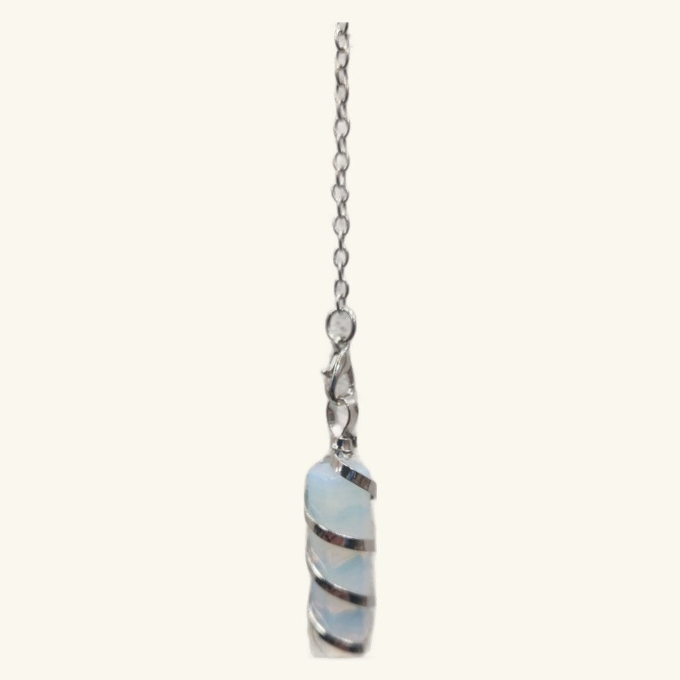 Opalite winding wire pendulum with pale blue stone wrapped in silver wire on delicate chain
