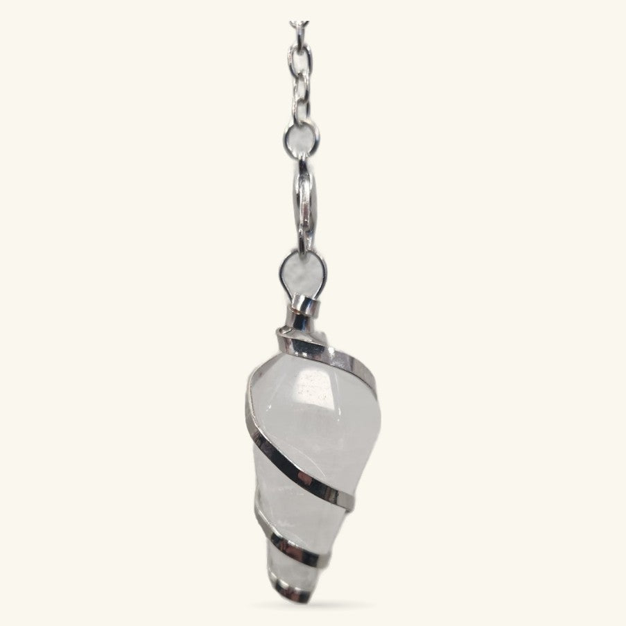 Clear Quartz Dowsing Pendulum with silver metal spiral wrapping and chain