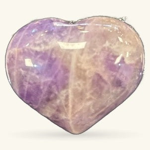 Polished amethyst heart with purple and lavender tones, smooth finish, displayed against light background