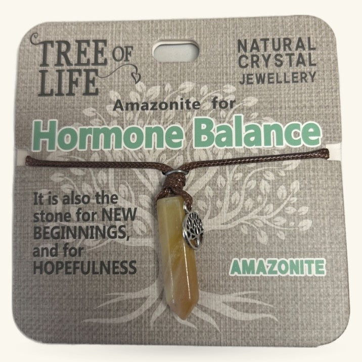 Amazonite Tree of Life pendant necklace on brown cord with product information card