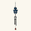 Blue hamsa hand wind chime with metal tubes and colorful crystal pendant, 63cm total length