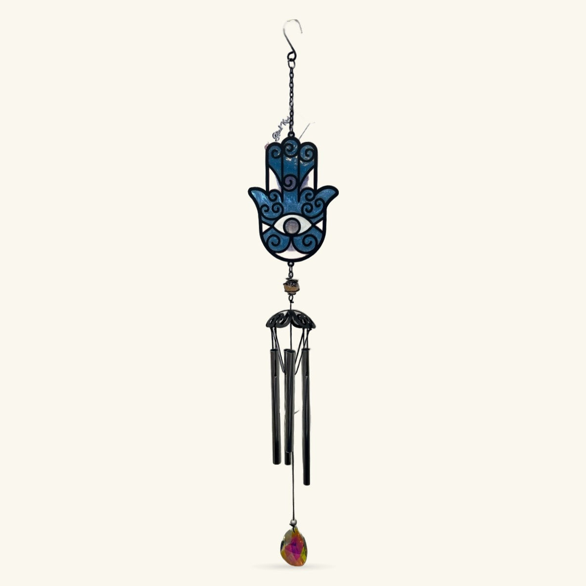 Blue hamsa hand wind chime with metal tubes and colorful crystal pendant, 63cm total length