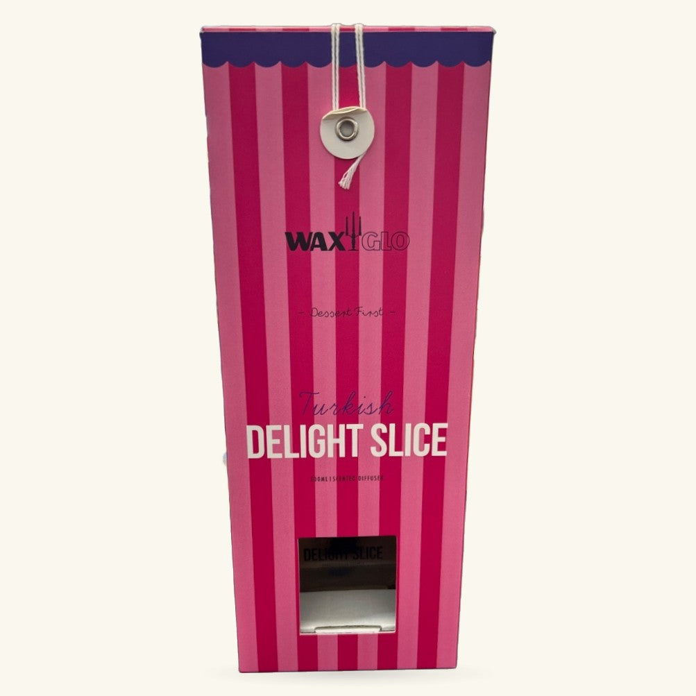 Pink striped Turkish Delight Slice Diffuser box with dark top and metal hanging tag