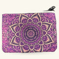 Purple mandala pouch with gold and dark purple geometric patterns and black zipper