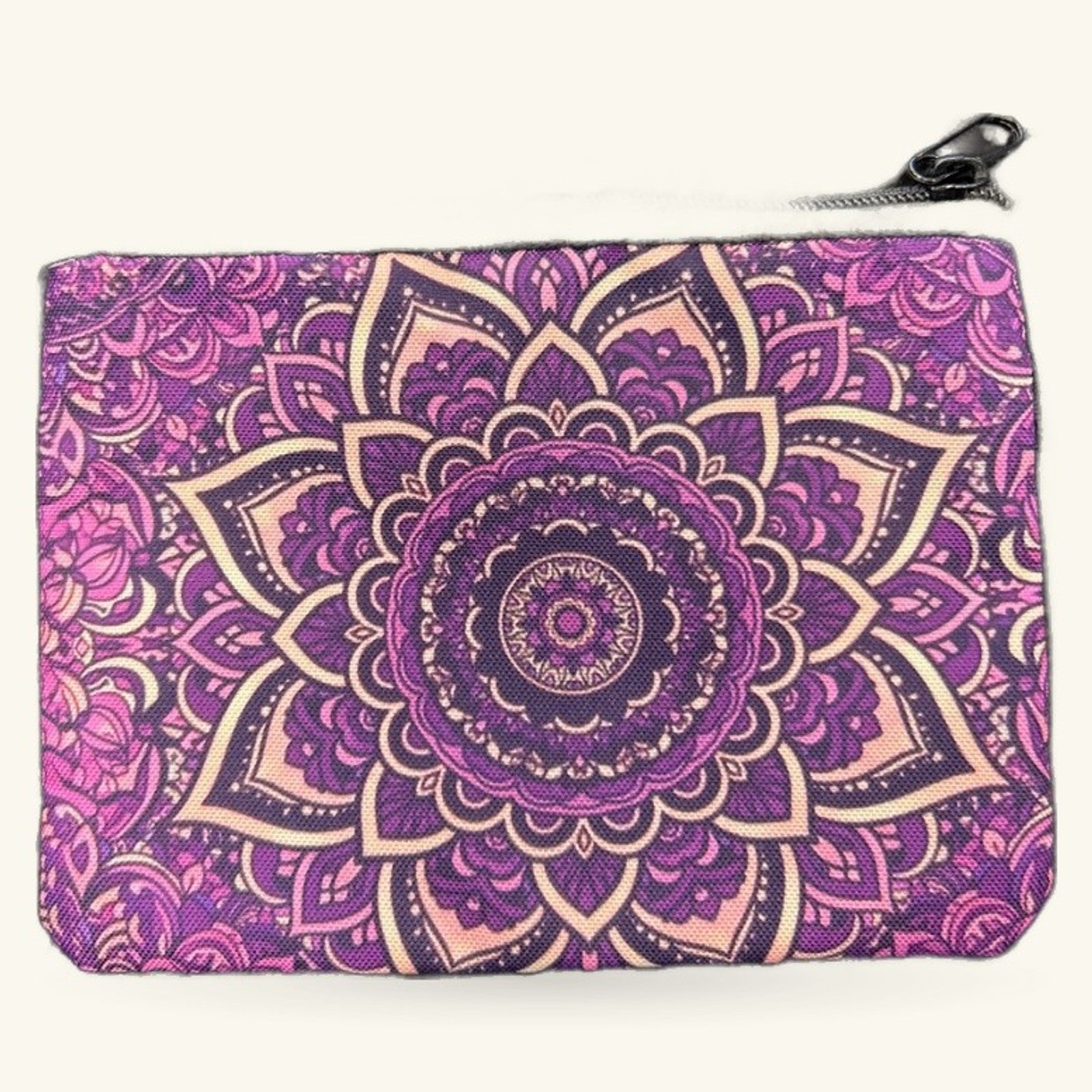 Purple mandala pouch with gold and dark purple geometric patterns and black zipper