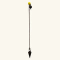 Bronze metal dowsing pendulum with black chain, yellow sphere top, and pointed cone weight