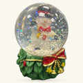 Cheerful snowman snow globe with red bow tie, festive green wreath base with red ribbon and gold bells