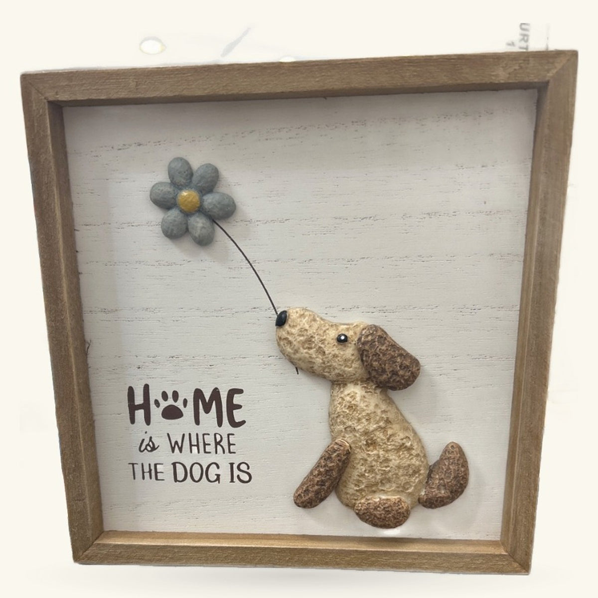 Wooden framed plaque with textured dog figurine holding string attached to grey felt flower, 'HOME is WHERE THE DOG IS' text