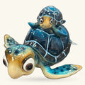 Hand-painted ceramic mama and baby turtle figurines in blue and cream with glossy finish