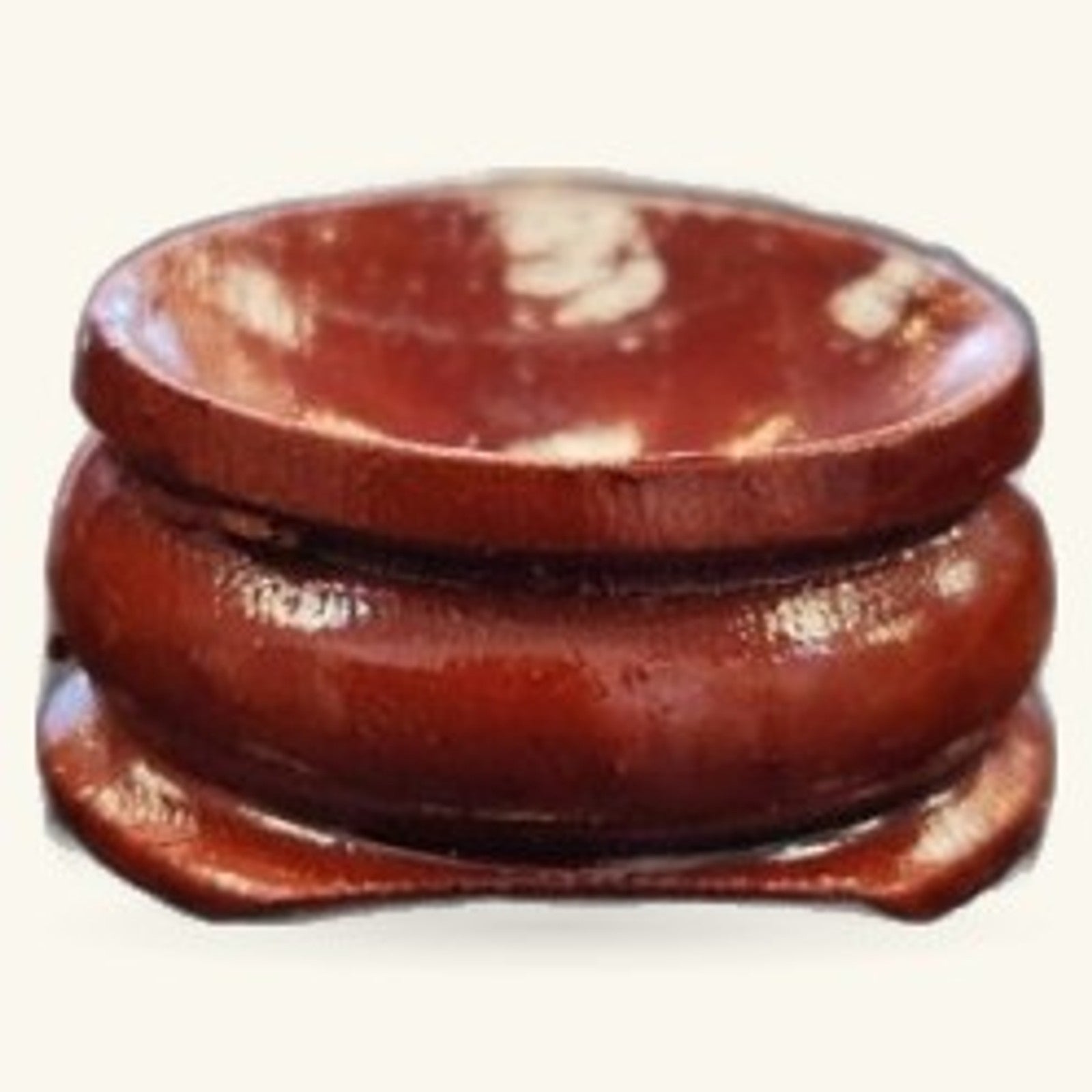Rich mahogany wooden crystal sphere stand with curved bowl shape and decorative feet