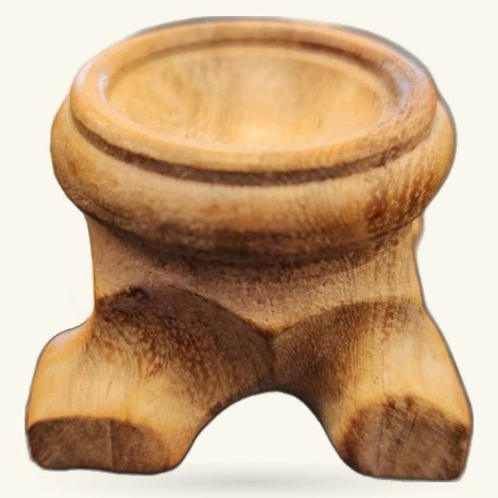 Small wooden crystal stand with rounded top and four sturdy legs, natural light wood finish