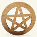 Wooden circular pentagram crystal grid with carved five-pointed star and geometric cutout design